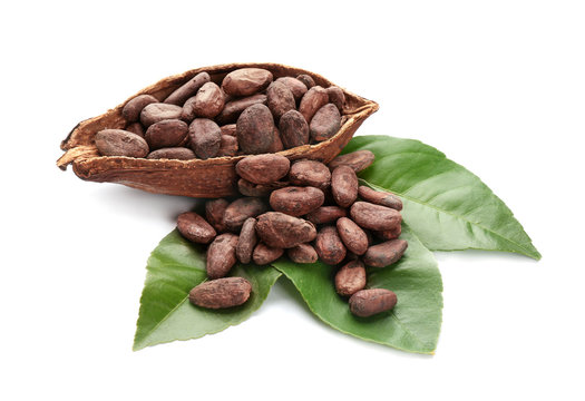 Half of ripe cocoa pod with beans on white background