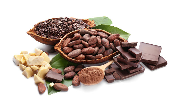 Composition with healthy cocoa products on white background