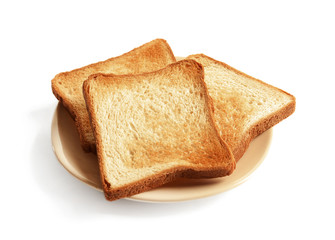 Plate with toasted bread on white background