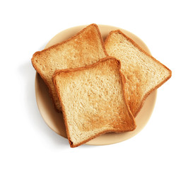 Plate with toasted bread on white background