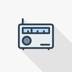 radio receiver, station thin line flat color icon. Linear vector illustration. Pictogram isolated on white background. Colorful long shadow design.