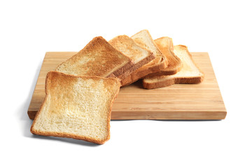 Wooden board with toasted bread on white background