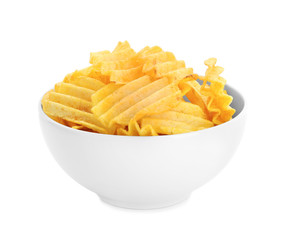 Potato chips in bowl on white background
