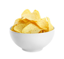 Potato chips in bowl on white background