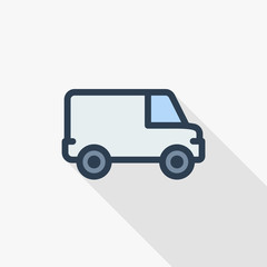 minivan, transportation, car thin line flat color icon. Linear vector illustration. Pictogram isolated on white background. Colorful long shadow design.