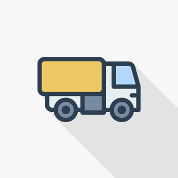truck cab, van body, container thin line flat color icon. Linear vector illustration. Pictogram isolated on white background. Colorful long shadow design.