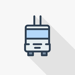 trolleybus, passenger transport thin line flat color icon. Linear vector illustration. Pictogram isolated on white background. Colorful long shadow design.