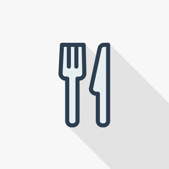 fork and knife thin line flat color icon. Linear vector illustration. Pictogram isolated on white background. Colorful long shadow design.