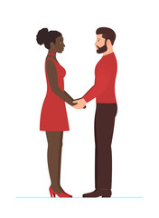Bearded white man and beautiful afro American woman. Happy multiracial couple in love, holding hands, looking into each others eyes, full growth standing. Happy Valentines day. Wedding or anniversary