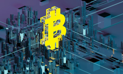 Business city bitcoin 3D illustration of bitcoin symbol Golden letter B in the ring on the background of the program code and hologram