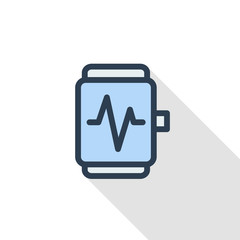 Sport smart watch modern mobile device with pulse screening monitor thin line flat color icon. Linear vector illustration. Pictogram isolated on white background. Colorful long shadow design.