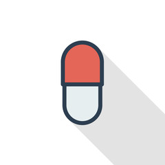 capsul red pill thin line flat color icon. Linear vector illustration. Pictogram isolated on white background. Colorful long shadow design.