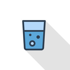 glass of water thin line flat color icon. Linear vector illustration. Pictogram isolated on white background. Colorful long shadow design.