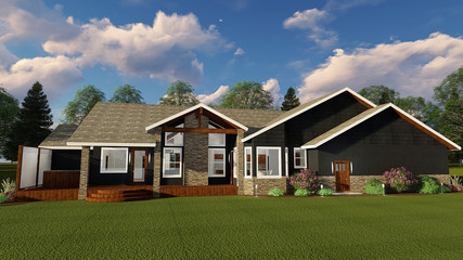 3D Illustration of Luxury Ranch Home