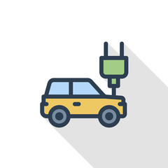 electric car, plug cable, ecology thin line flat color icon. Linear vector illustration. Pictogram isolated on white background. Colorful long shadow design.