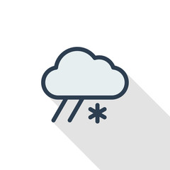 cloud weather, snow and rain thin line flat color icon. Linear vector illustration. Pictogram isolated on white background. Colorful long shadow design.