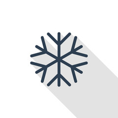 Snowflake, Frost, winter snow thin line flat color icon. Linear vector illustration. Pictogram isolated on white background. Colorful long shadow design.