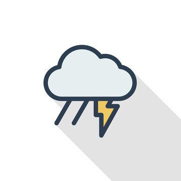 Lightning, thunder storm, rain and cloud thin line flat color icon. Linear vector illustration. Pictogram isolated on white background. Colorful long shadow design.