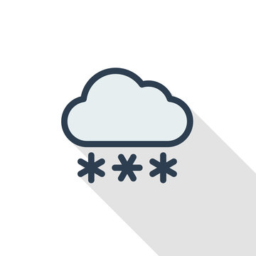 snow, snowfall cloud, winter weather thin line flat color icon. Linear vector illustration. Pictogram isolated on white background. Colorful long shadow design.