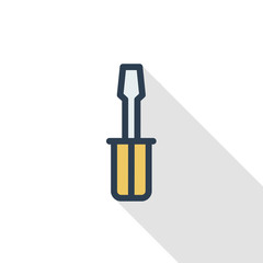 screwdriver thin line flat color icon. Linear vector illustration. Pictogram isolated on white background. Colorful long shadow design.