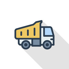 dump truck thin line flat color icon. Linear vector illustration. Pictogram isolated on white background. Colorful long shadow design.