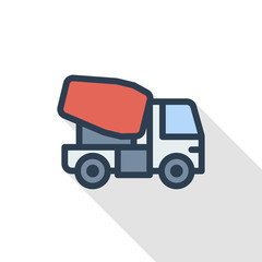 Concrete mixing truck thin line flat color icon. Linear vector illustration. Pictogram isolated on white background. Colorful long shadow design.