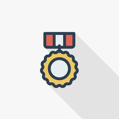Medal, award thin line flat color icon. Linear vector illustration. Pictogram isolated on white background. Colorful long shadow design.
