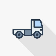 truck cab, van body thin line flat color icon. Linear vector illustration. Pictogram isolated on white background. Colorful long shadow design.