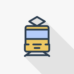 train, tram, rails transport thin line flat icon. Linear vector illustration. Pictogram isolated on white background. Colorful long shadow design.