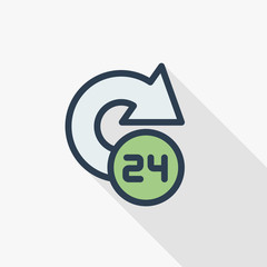 24 hour, around the clock, day and night thin line flat color icon. Linear vector illustration. Pictogram isolated on white background. Colorful long shadow design.