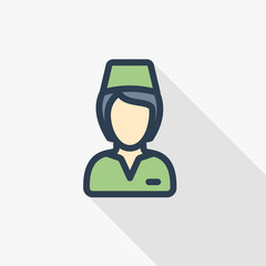 Hotel maid avatar.Cleaning woman uniform thin line flat color icon. Linear vector illustration. Pictogram isolated on white background. Colorful long shadow design.