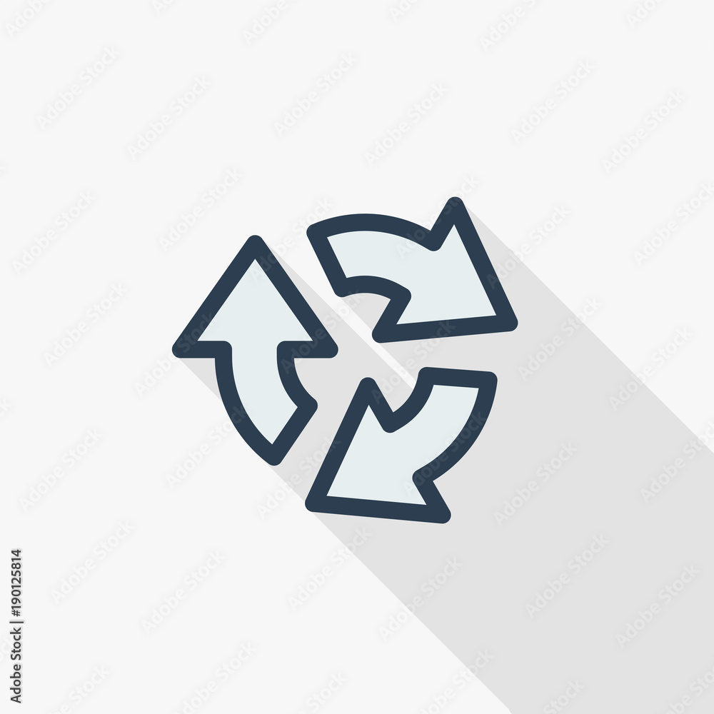 Poster refresh three arrow rotate thin line flat color icon. linear vector illustration. pictogram isolated