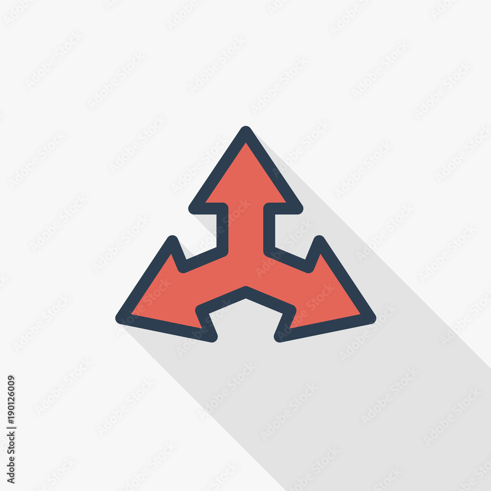 Poster three-way direction arrow thin line flat color icon. linear vector illustration. pictogram isolated 