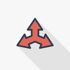Three-way direction arrow thin line flat color icon. Linear vector illustration. Pictogram isolated on white background. Colorful long shadow design.