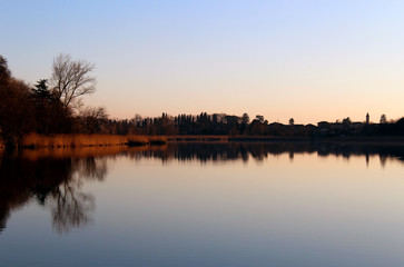 Trees reflections on a water surface of a lake at dusk