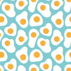 Fried Eggs seamless pattern on blue background. Vector illustration.