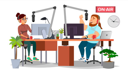 Radio DJ Man And Woman Vector. Broadcasting. Modern Radio Station Studio. Speak Into The Microphone. On Air. Broadcasting. Isolated Flat Cartoon Illustration