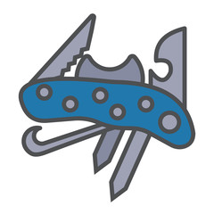 Swiss knife for tourism in modern flat style with outline. Attribute of traveller and tourist. Forest equipment for time and navigation. Vector illustration. Multitool
