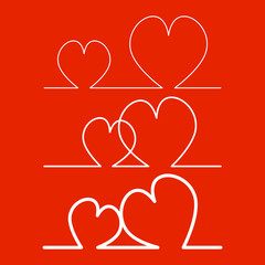 Set of Continuous Line Two Hearts Shape for Valentine's Day. Vector illustration of a hearts isolated on red background.