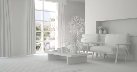 Naklejka na ściany i meble Idea of white room with armchair and summer landscape in window. Scandinavian interior design. 3D illustration