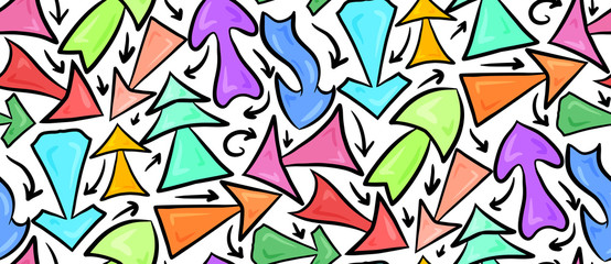 Seamless pattern of hand drawn multicolored different chaotic arrows on a white background. Vector background for your design
