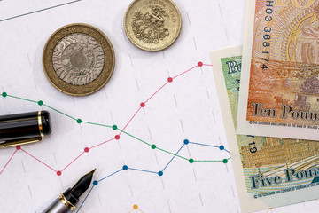 british money - banknote and coin on business graph