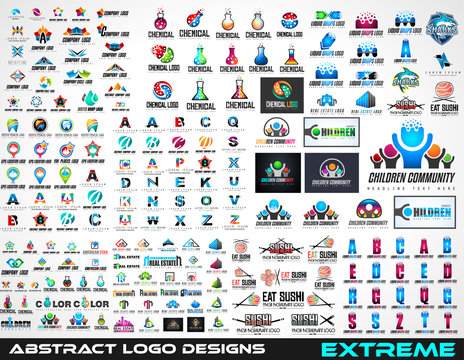 Large Collection of logos for brand design, logotype prototype of different kind like real estate, chemical etc.