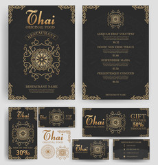Thai Food restaurant menu template. Luxury Golden flower. Branding. Business card, flyer, vip card and gift voucher. Vector design.
