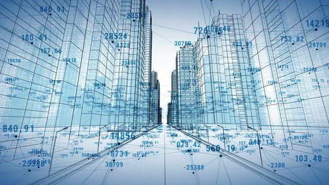 Abstract Digital City with Numbers and Grids. Flying Through the 3d Blueprint. Business and Technology Concept. Blue color 3d animation. 4k UHD 3840x2160.