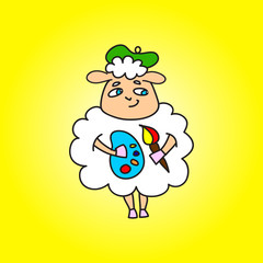 Sheep painter with paints in hands and brush. Vector drawing. Illustration