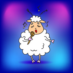 Sheep with a microphone sings a song in a nightclub. Vector drawing. Illustration