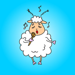 Sheep with a microphone sings a song. Vector drawing. Illustration