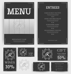 Obraz premium Luxury Menu Restaurant Template. Branding. White Wood on black background. Monogram with the letter R. Business card, flyer, vip card and gift voucher. Vector design.