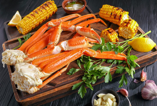 Crab legs served with melted butter